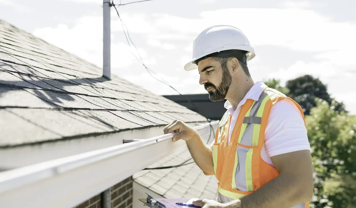 Top 10 Reasons Why It’s Important to Hire Trustworthy Contractors. A professional roofing contractor in a reflective vest and hard hat carefully inspecting the gutters of a residential roof.