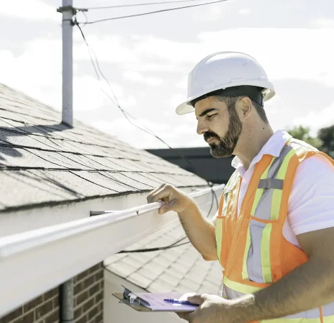 Top 10 Reasons Why It’s Important to Hire Trustworthy Contractors. A professional roofing contractor in a reflective vest and hard hat carefully inspecting the gutters of a residential roof.