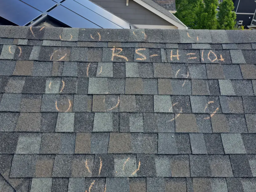Close-up of hail damage on roof shingles before repair in Erie CO