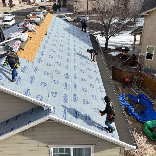 Roof deck exposed during asphalt shingle replacement on Castle Rock home